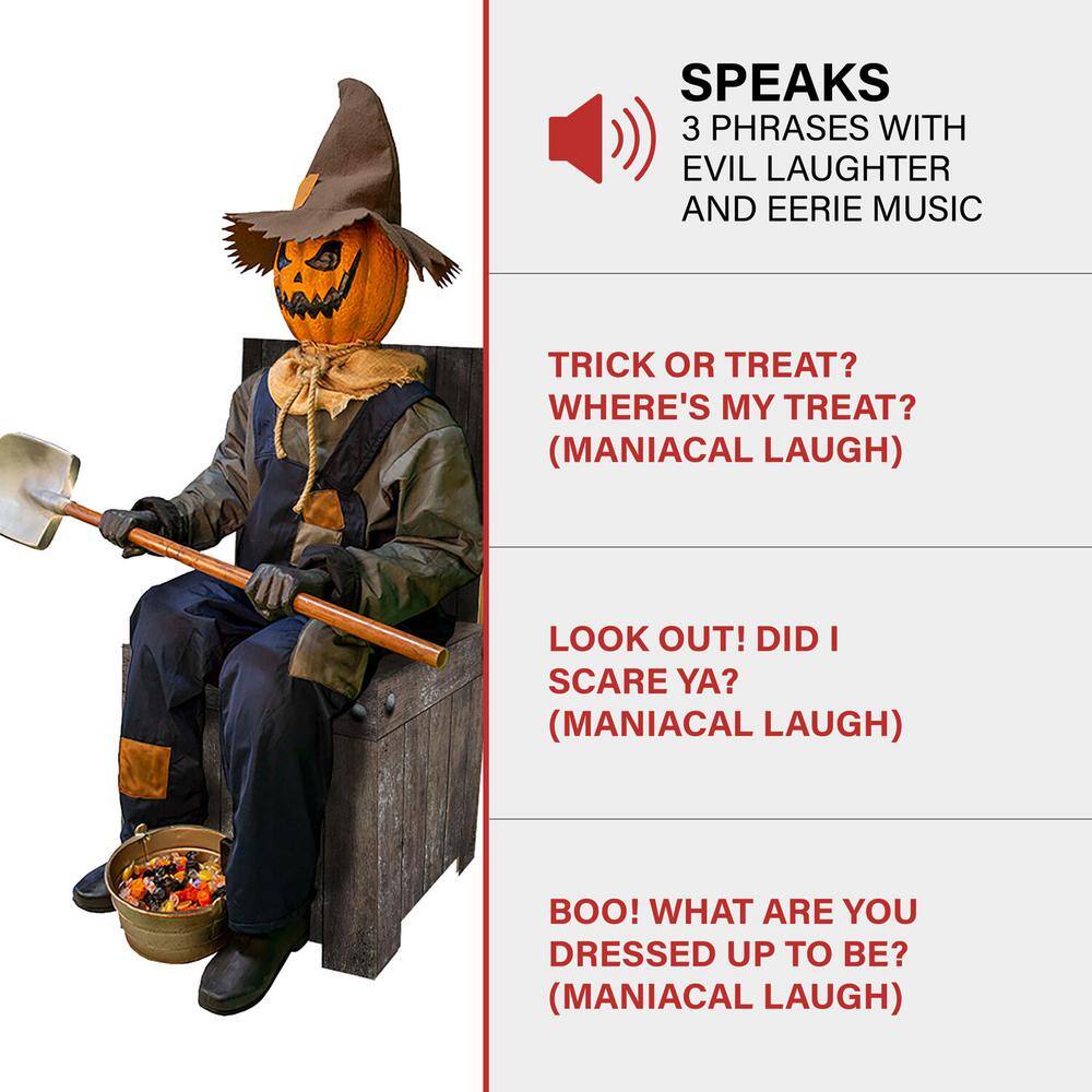 Haunted Hill Farm 55 in. Premium Talking Halloween Animatronic Smiling Jack The Shovel-Wielding Sitting Scarecrow by Tekky