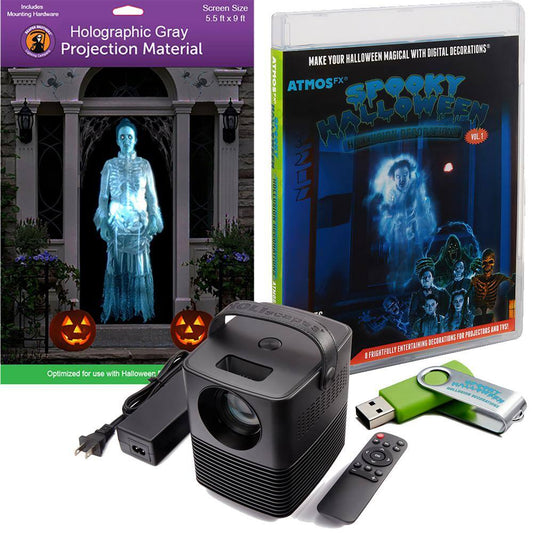 HoliScapes Atmosfx Spooky Halloween Hollusion Digital Decoration USB Kit 2022 HSC400 Projector + 5.5 in. x 9 in. Gray Screen + USB