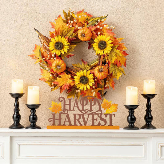 Glitzhome 24 in. D Fall Sunflower Pumpkin Leaf Wreath Artificial Christmas Wreath