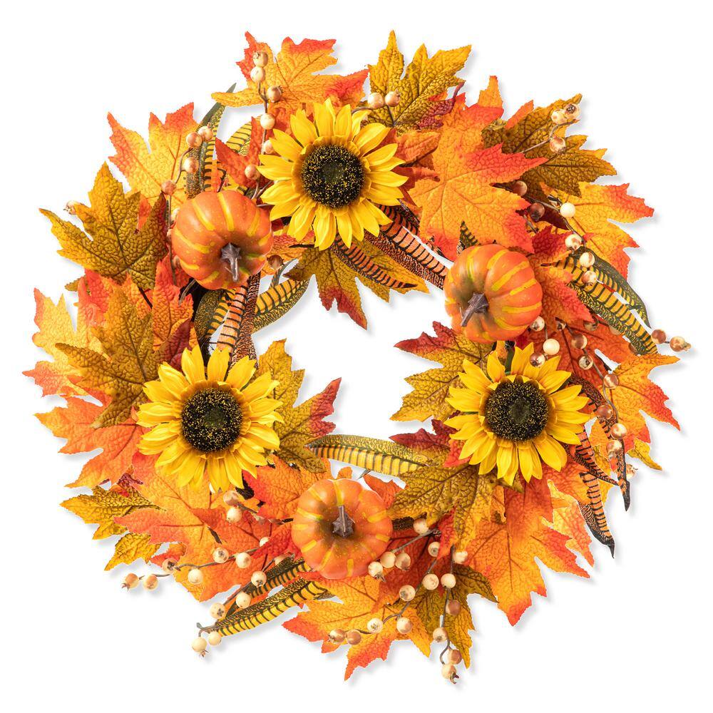 Glitzhome 24 in. D Fall Sunflower Pumpkin Leaf Wreath Artificial Christmas Wreath