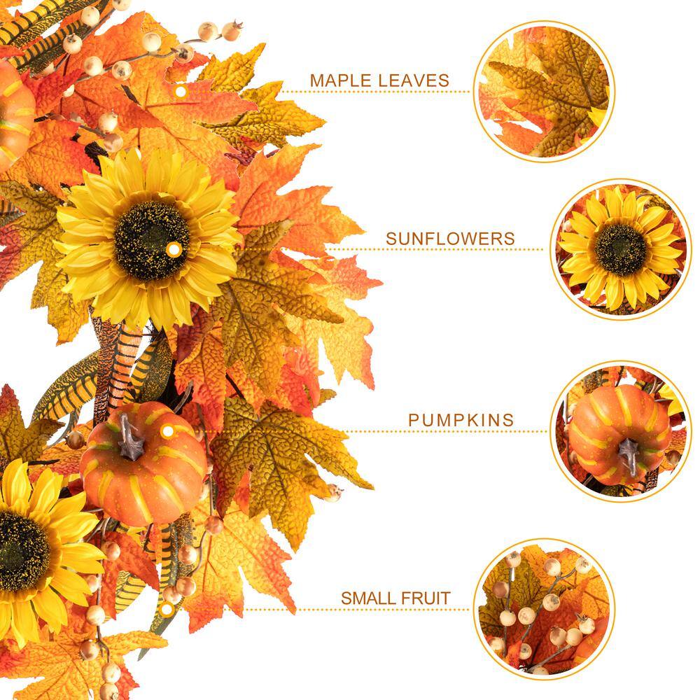 Glitzhome 24 in. D Fall Sunflower Pumpkin Leaf Wreath Artificial Christmas Wreath