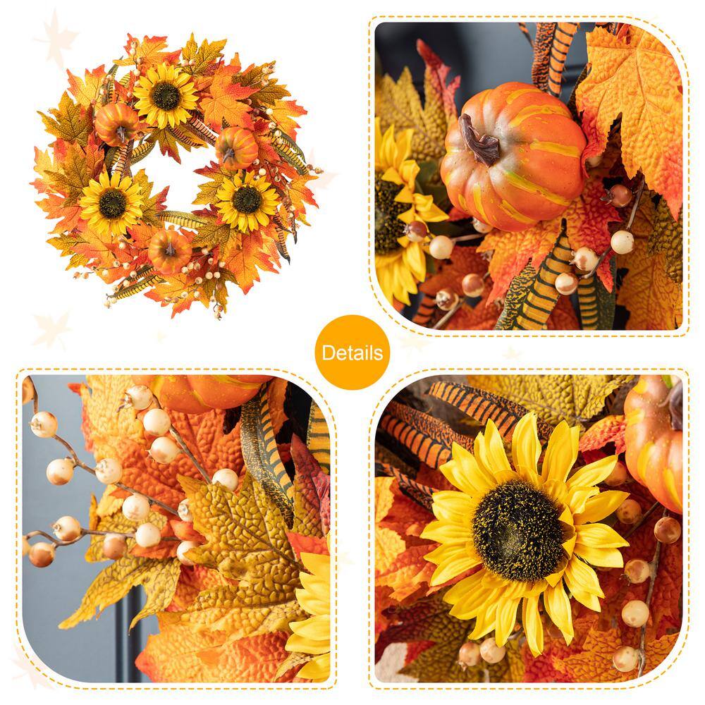 Glitzhome 24 in. D Fall Sunflower Pumpkin Leaf Wreath Artificial Christmas Wreath