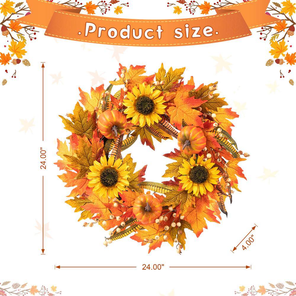 Glitzhome 24 in. D Fall Sunflower Pumpkin Leaf Wreath Artificial Christmas Wreath