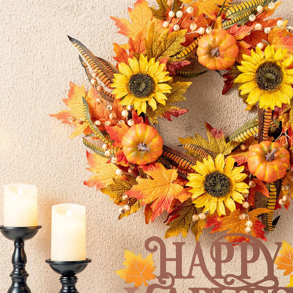 Glitzhome 24 in. D Fall Sunflower Pumpkin Leaf Wreath Artificial Christmas Wreath