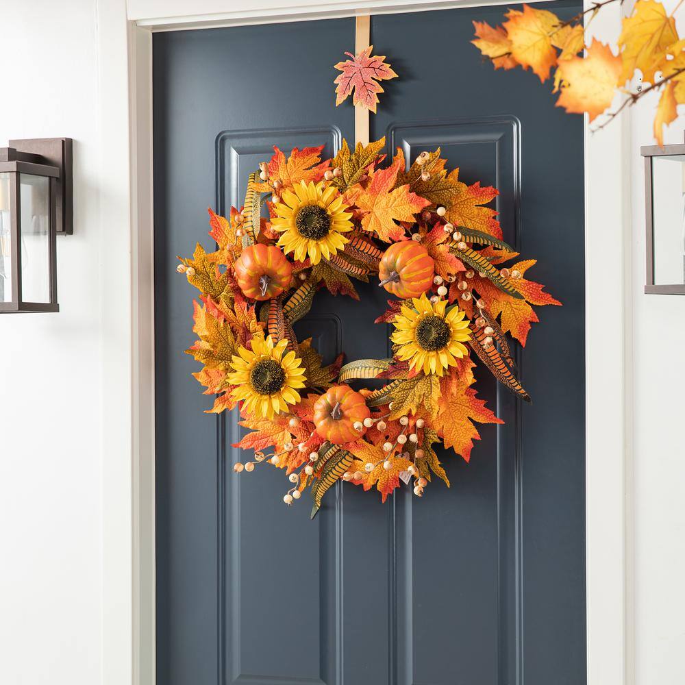 Glitzhome 24 in. D Fall Sunflower Pumpkin Leaf Wreath Artificial Christmas Wreath