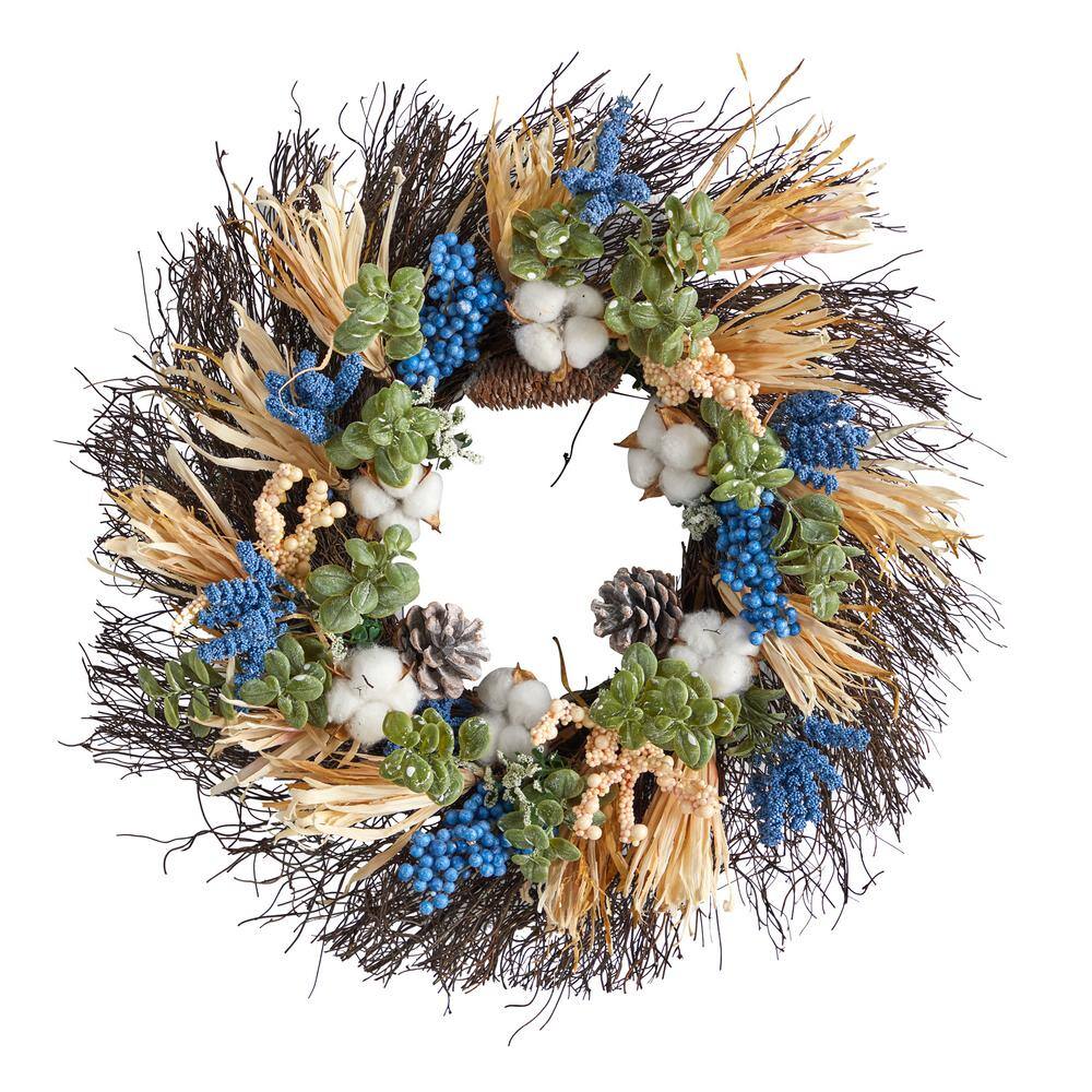 Nearly Natural 22 in. Orange Autumn Cotton, Eucalyptus, Berries and Pinecones Artificial Fall Wreath