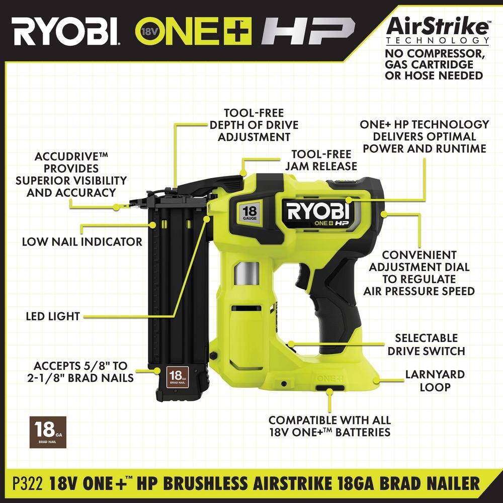 RYOBI ONE+ HP 18V 18-Gauge Brushless Cordless AirStrike Brad Nailer (Tool Only)