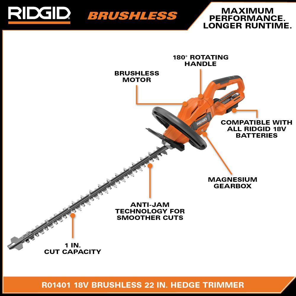 RIDGID 18V Brushless Cordless Battery 22 in. Hedge Trimmer (Tool Only)