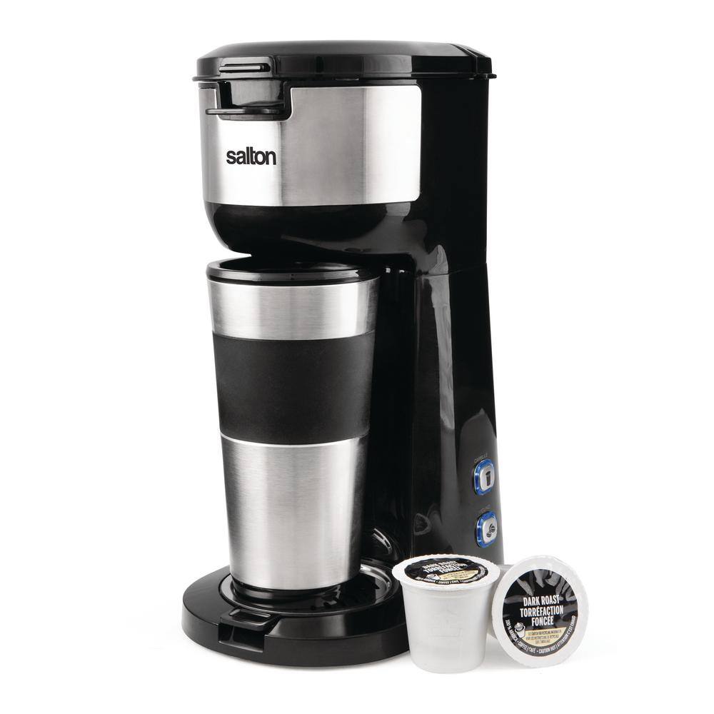 Salton 1.75-Cup 2-in-1 Black 1-Touch Single Serve Travel Coffee Maker with LED Buttons