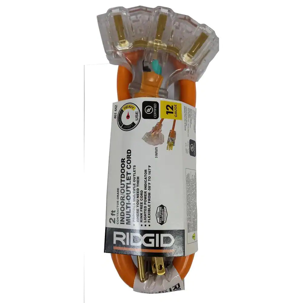 RIDGID 2 ft. 12/3 Multi-Outlet Extension Cord, Orange/Gray