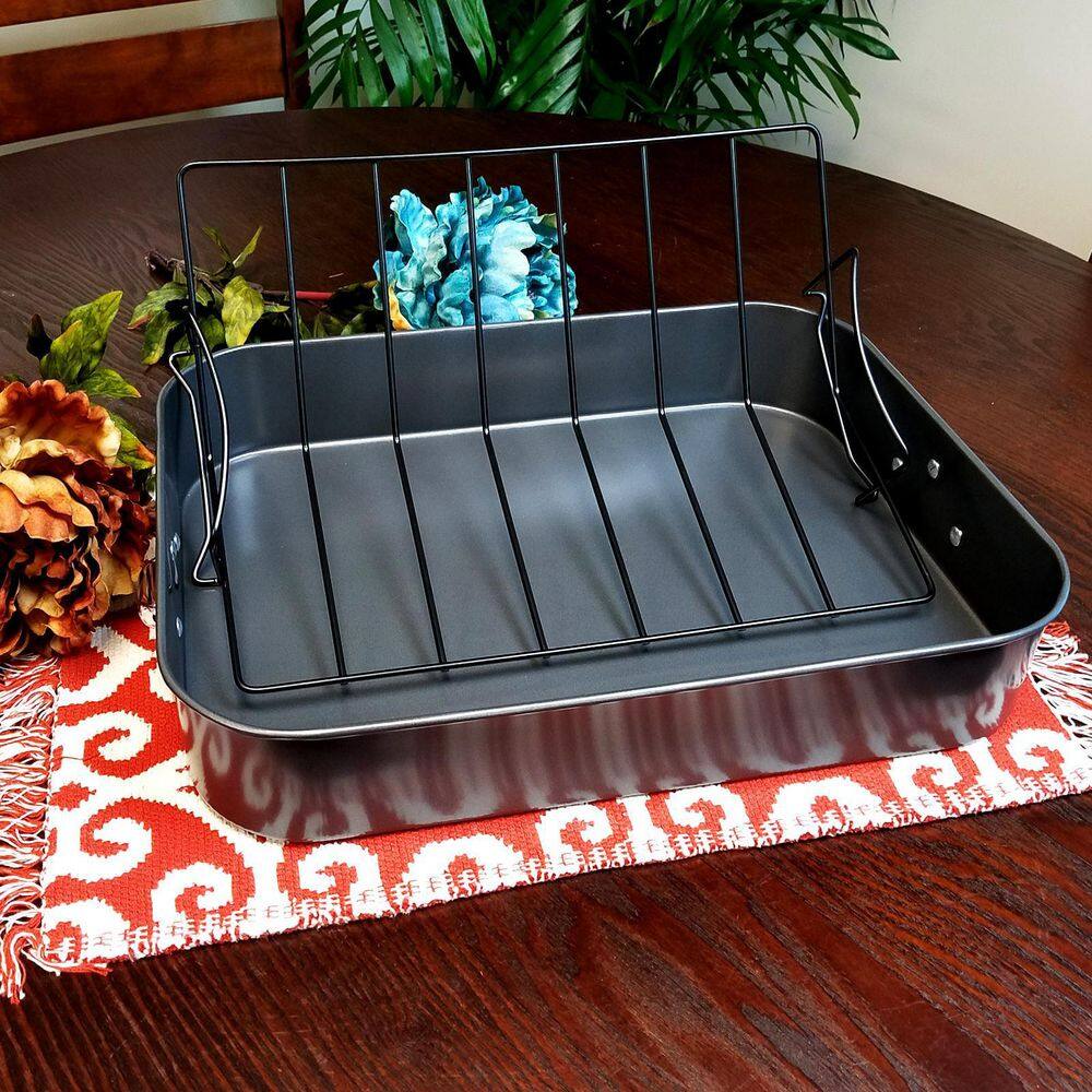 GIBSON HOME Top Roast 10 qt. Black Carbon Steel Roasting Pan with Rack