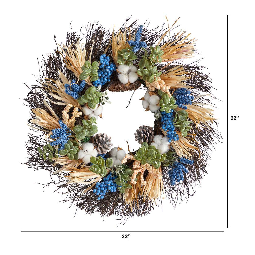 Nearly Natural 22 in. Orange Autumn Cotton, Eucalyptus, Berries and Pinecones Artificial Fall Wreath