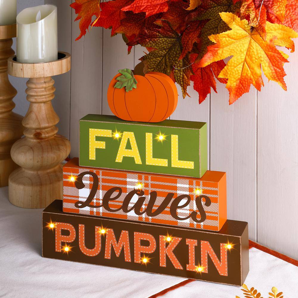 Glitzhome 12 in. H LED Lighted Fall Wooden Block Word Sign