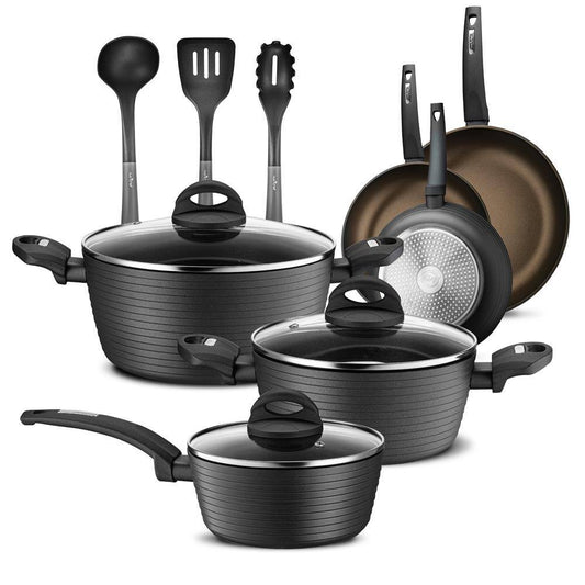 NutriChef Kitchenware 12-Piece Set Pots and Pans Stylish Kitchen Cookware Set with Stylish Metallic Ridge-Line Pattern, Non-Stick