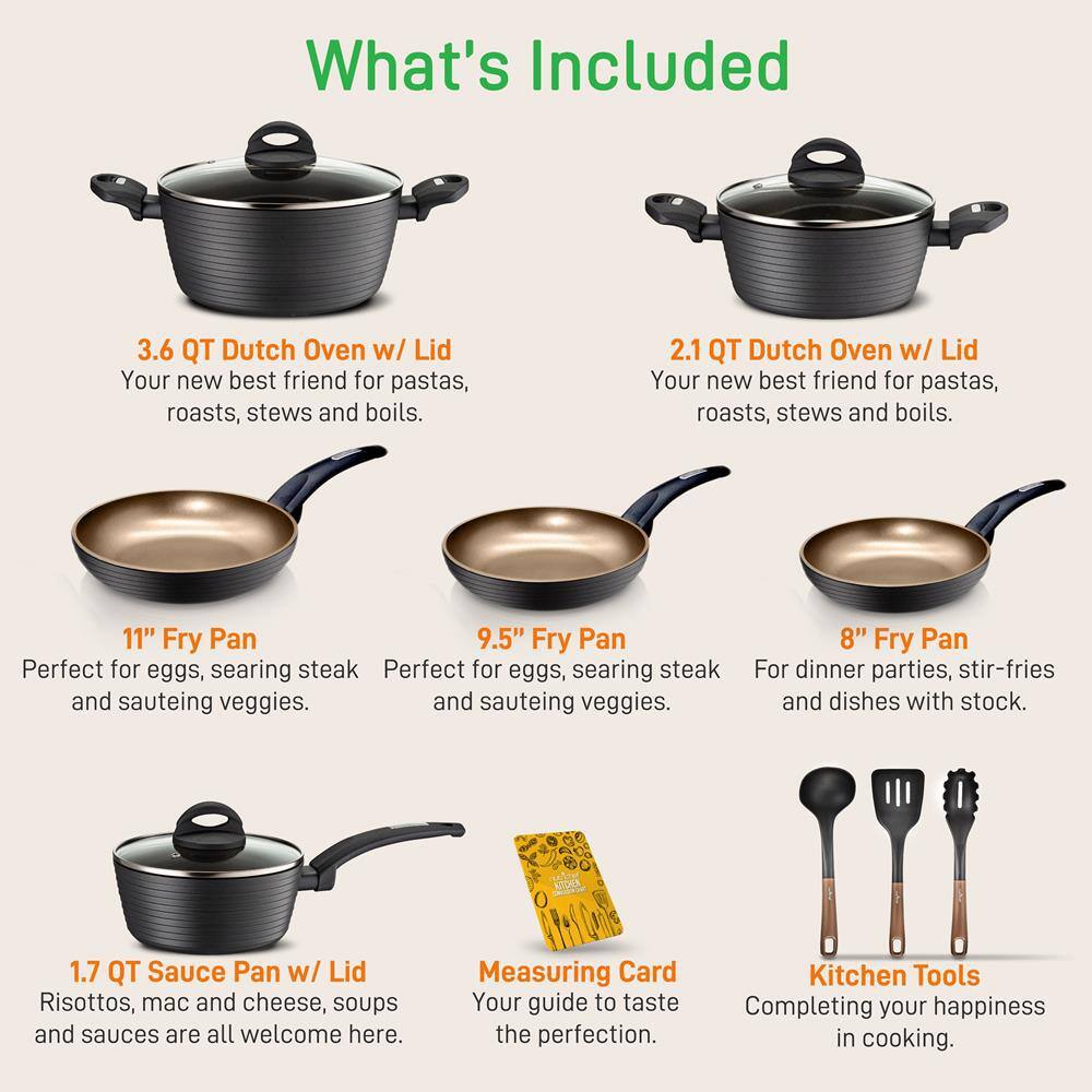 NutriChef Kitchenware 12-Piece Set Pots and Pans Stylish Kitchen Cookware Set with Stylish Metallic Ridge-Line Pattern, Non-Stick