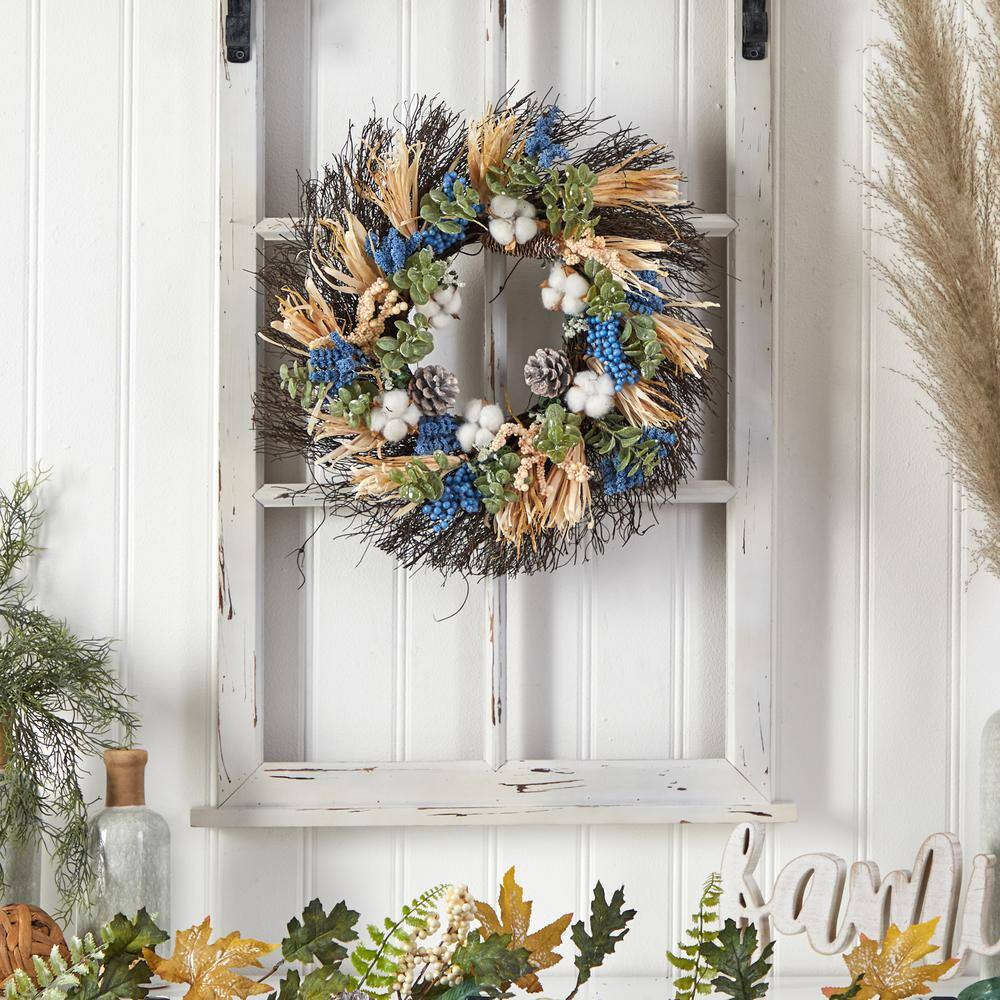 Nearly Natural 22 in. Orange Autumn Cotton, Eucalyptus, Berries and Pinecones Artificial Fall Wreath