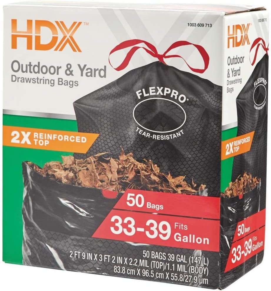 HDX 33-39 Gal. Black Heavy Duty Drawstring Trash Bags (50-Count) - For Outdoor and Yard Waste