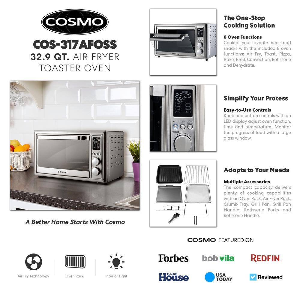 Cosmo 32 qt. Compact Electric Air Fryer Toaster Oven with Air Fry Basket, Rotisserie Fork, 1800W in Stainless Steel