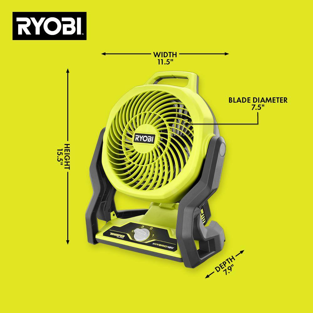 RYOBI ONE+ 18V Cordless Hybrid WHISPER SERIES 7-1/2 in. Fan (Tool Only)