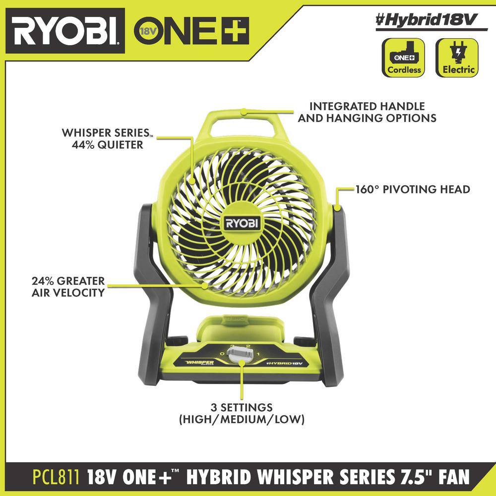 RYOBI ONE+ 18V Cordless Hybrid WHISPER SERIES 7-1/2 in. Fan (Tool Only)