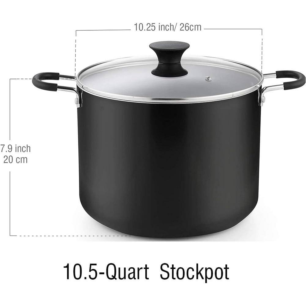 Cook N Home 10.5 qt. Hard-Anodized Aluminum Nonstick Stock Pot in Black with Glass Lid