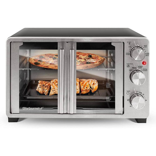 Elite Gourmet Double French Door Toaster Oven fits 12" Pizza, Stainless Steel