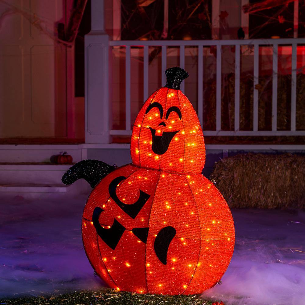 3 ft. Light Up LED Pumpkin Decoration Halloween, Tinsel Stacked 2-Head Warm Yard Lights for Light Up Pumpkin Decoration