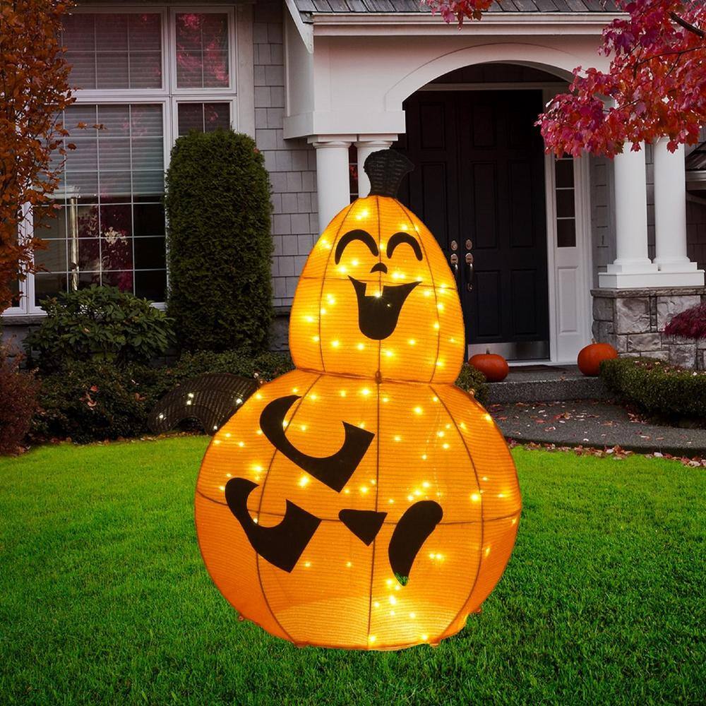 3 ft. Light Up LED Pumpkin Decoration Halloween, Tinsel Stacked 2-Head Warm Yard Lights for Light Up Pumpkin Decoration