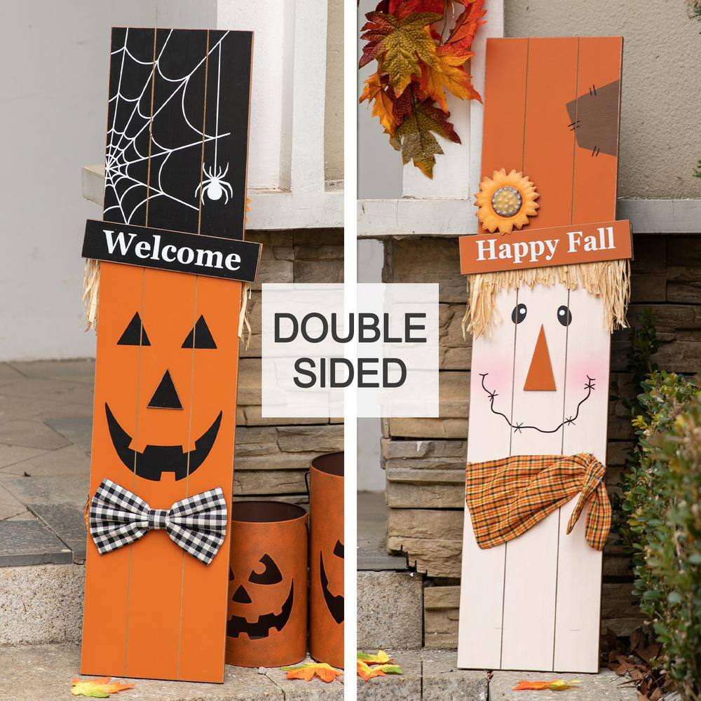 Glitzhome 36 in. H Double Sided Wooden Scarecro with Pumpkin Porch Decor Halloween Prop and Fall