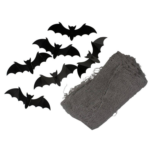 Northlight 118 in. Gray Gauze and Bats Halloween Decoration Kit