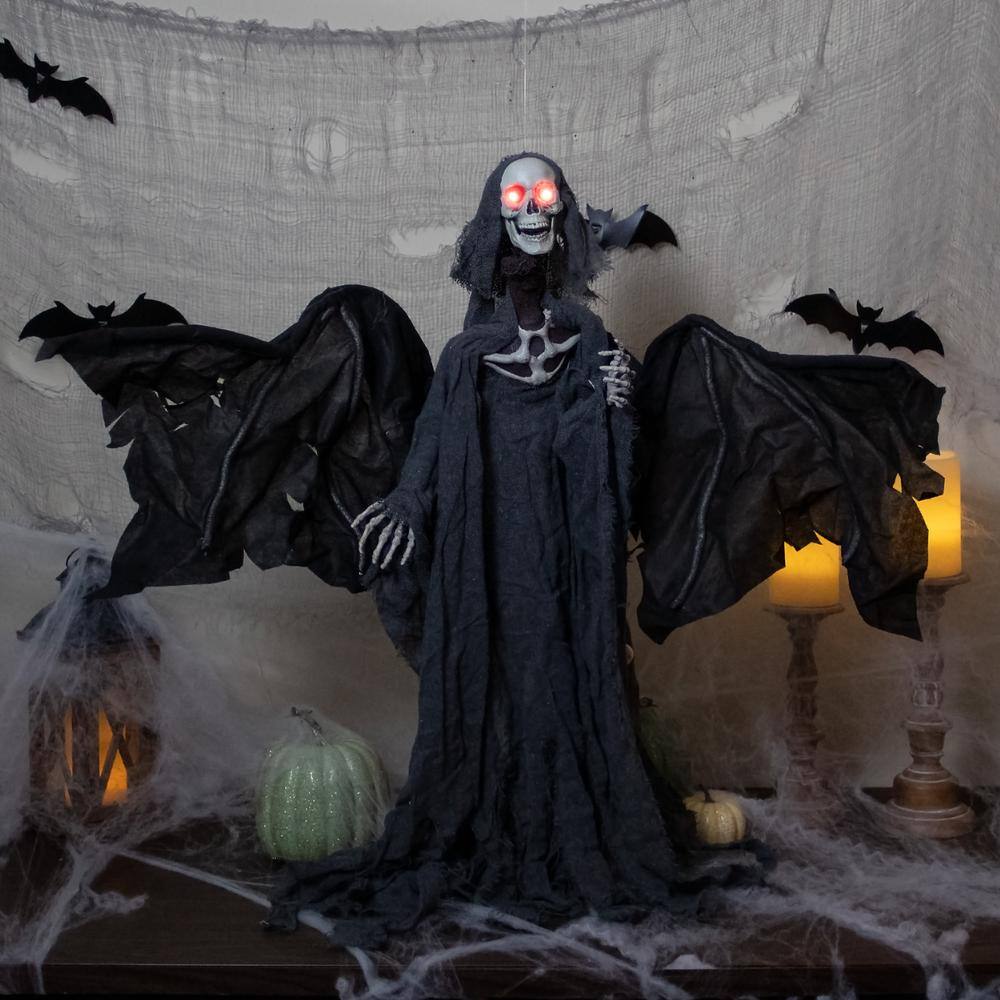 Northlight 50 in. Gray and Black Animated Hanging Winged Reaper with LED Eyes Halloween Decoration