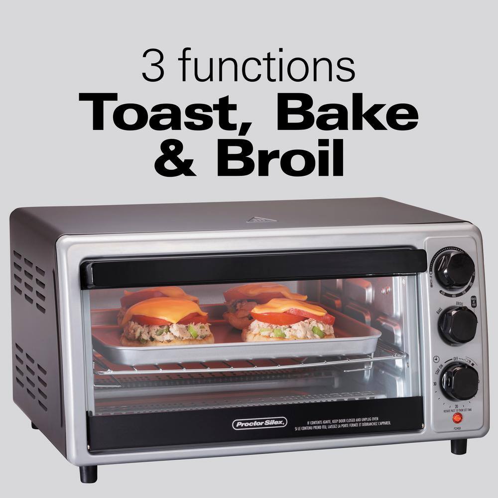 Proctor Silex 1500-Watt 6-Slice Silver Toaster Oven with Toast, Bake and Broil Settings