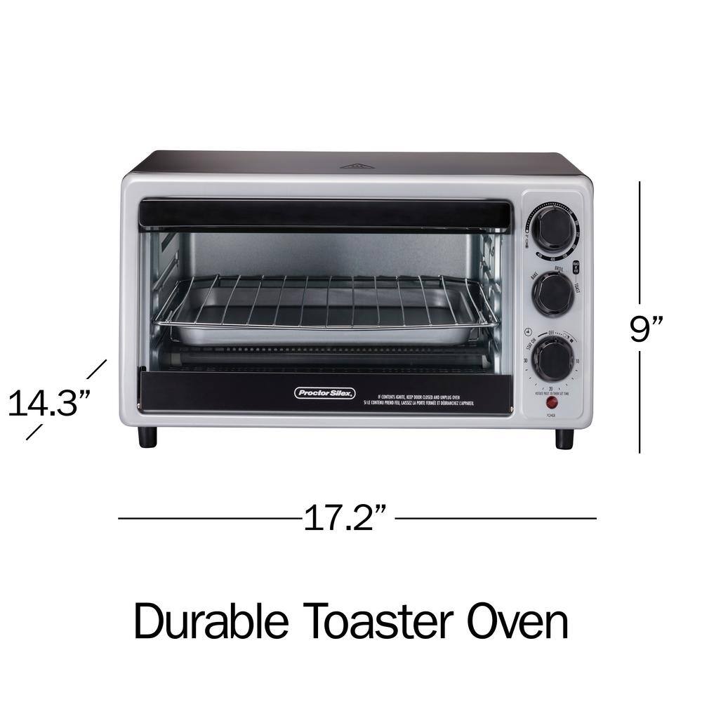 Proctor Silex 1500-Watt 6-Slice Silver Toaster Oven with Toast, Bake and Broil Settings