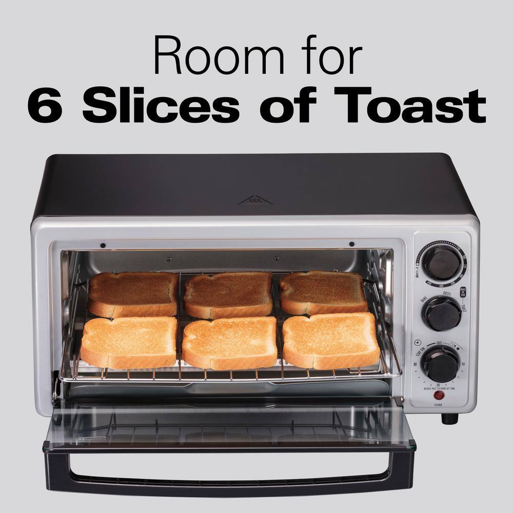 Proctor Silex 1500-Watt 6-Slice Silver Toaster Oven with Toast, Bake and Broil Settings