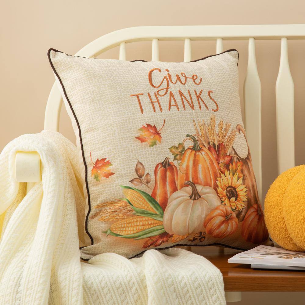 Glitzhome 18 in. Thanksgiving Embroidered Pillow