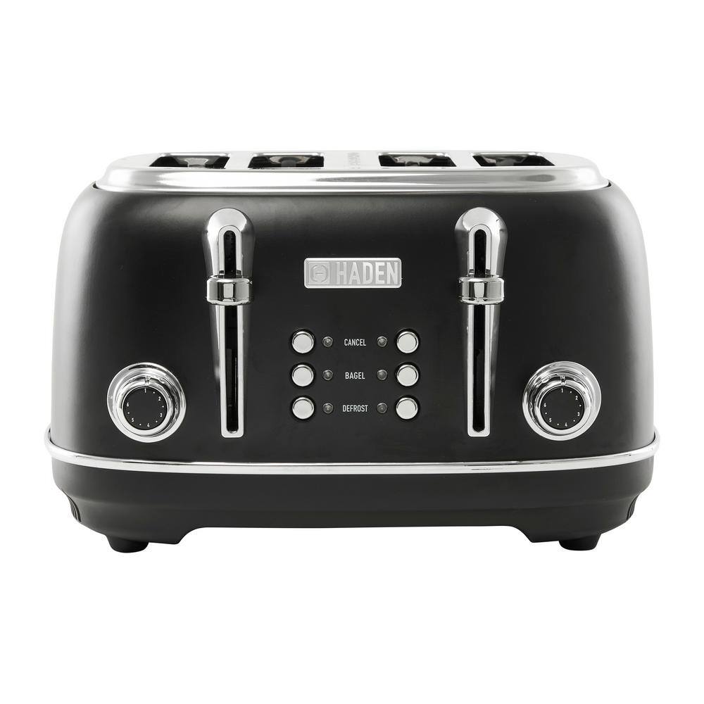 HADEN Heritage 1500-Watt 4-Slice Black and Chrome Wide Slot Retro Toaster with Removable Crumb Tray and Browning Control