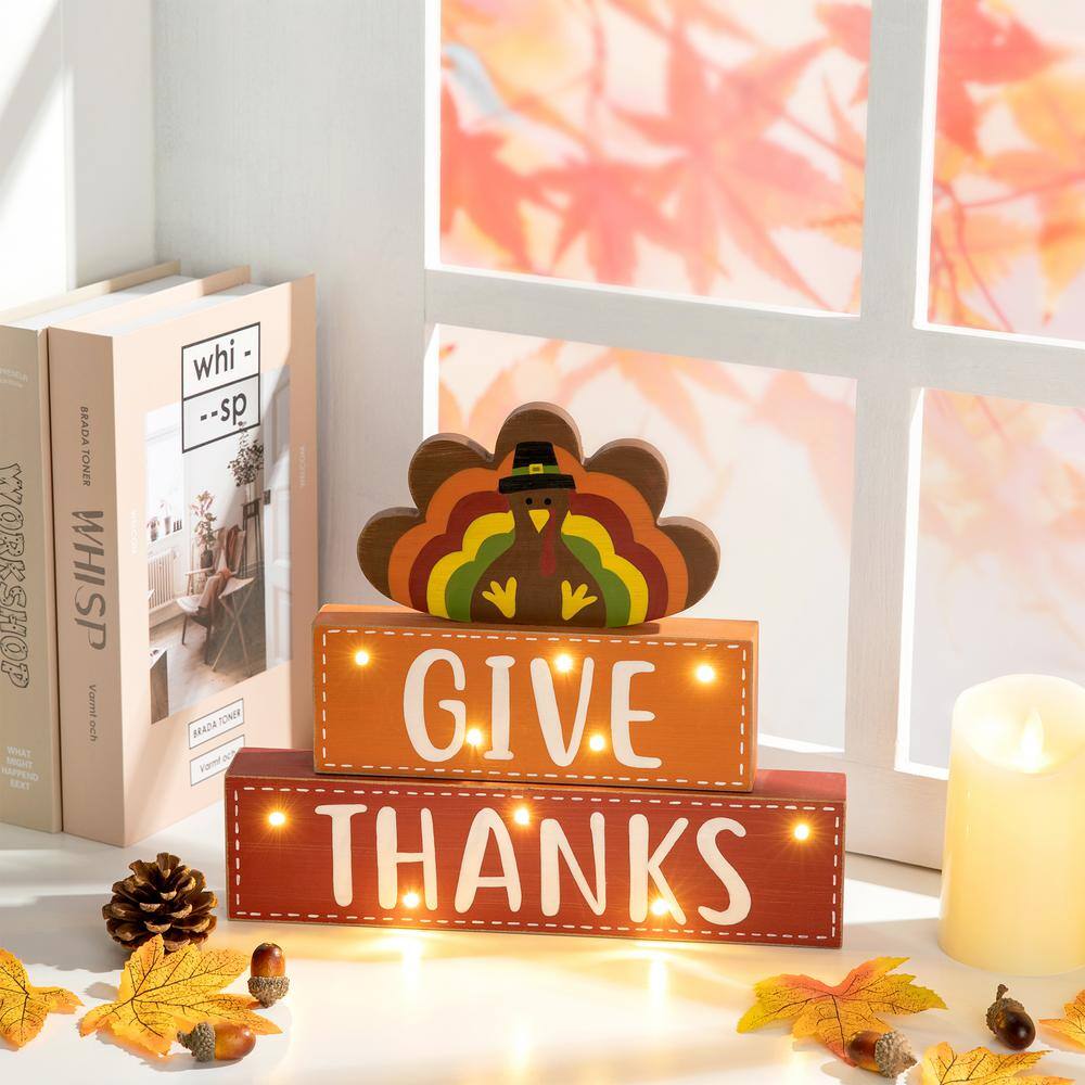 Glitzhome 11.81 in. L Thanksgiving Wooden Lighted Turkey/Word Block Table Decor