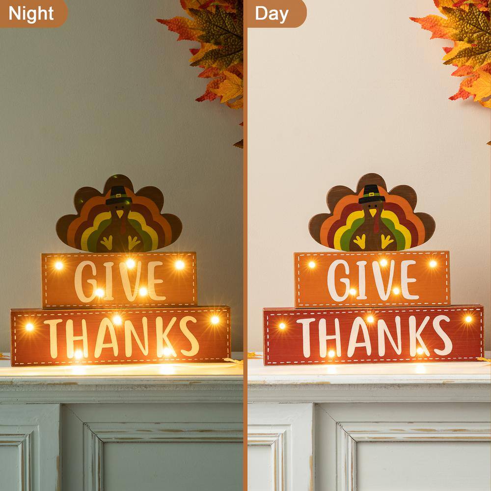 Glitzhome 11.81 in. L Thanksgiving Wooden Lighted Turkey/Word Block Table Decor