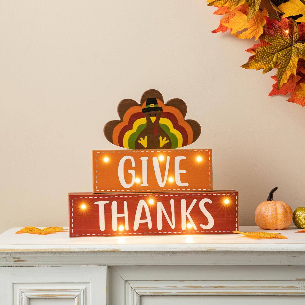 Glitzhome 11.81 in. L Thanksgiving Wooden Lighted Turkey/Word Block Table Decor