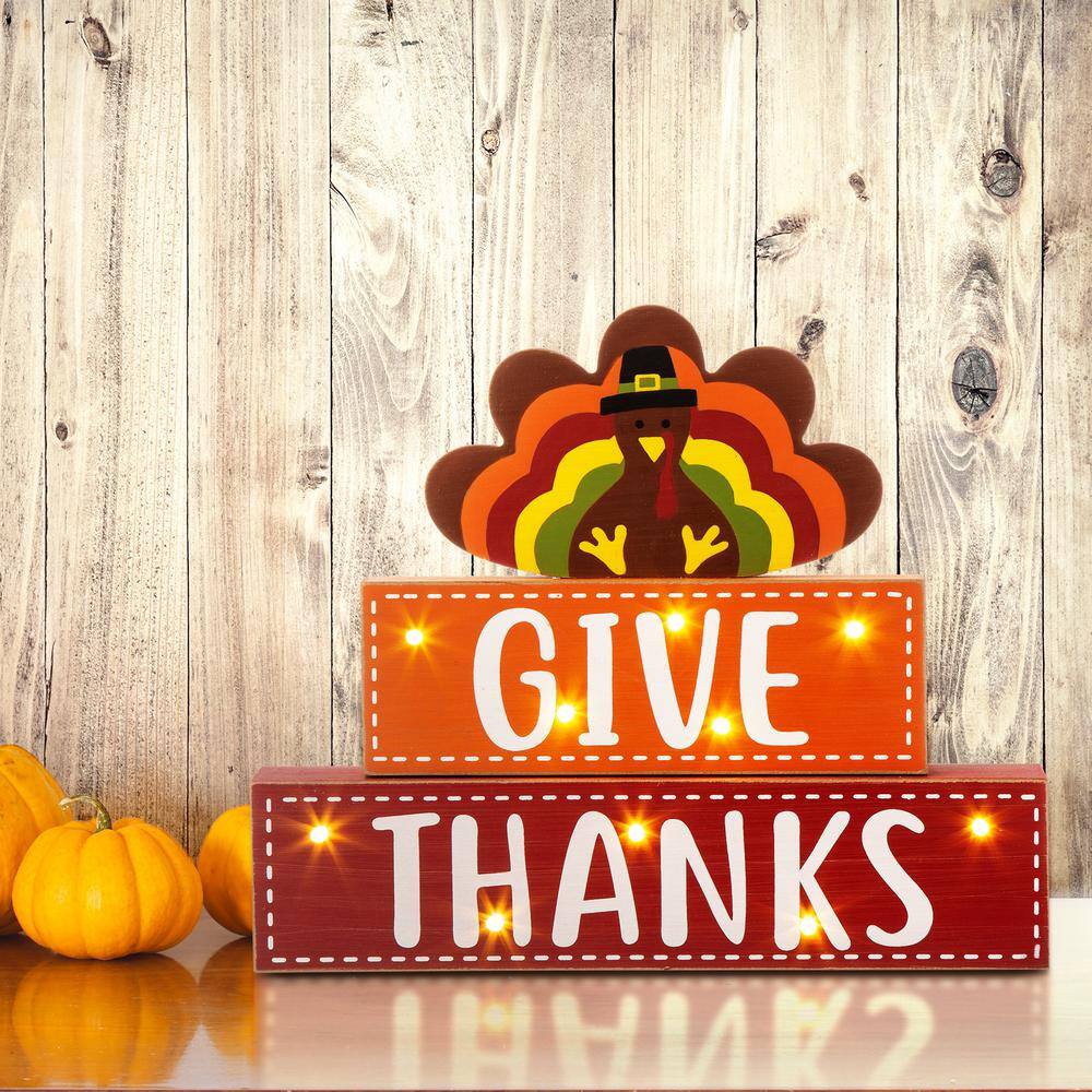 Glitzhome 11.81 in. L Thanksgiving Wooden Lighted Turkey/Word Block Table Decor