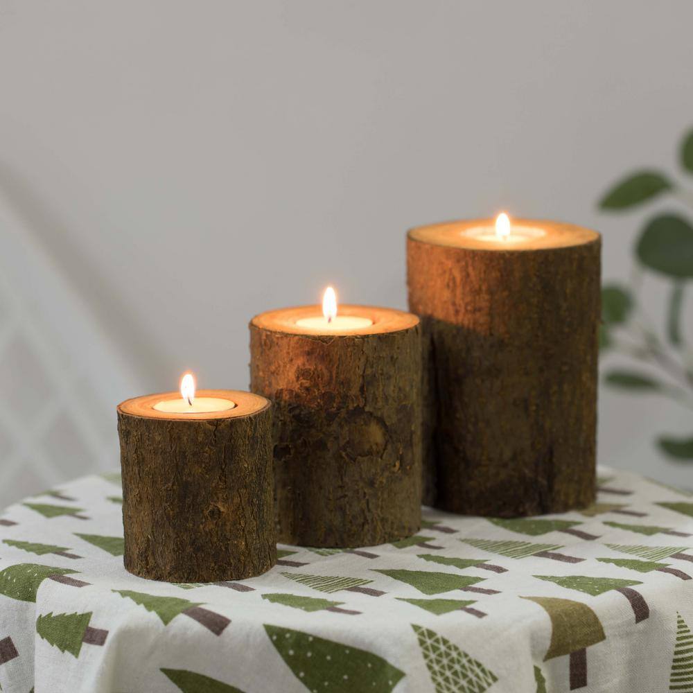 Vintiquewise 3.75 in. H Bark Wooden Pillar Tree Stump Tea Light Rustic Candle Holder (Set of 3)