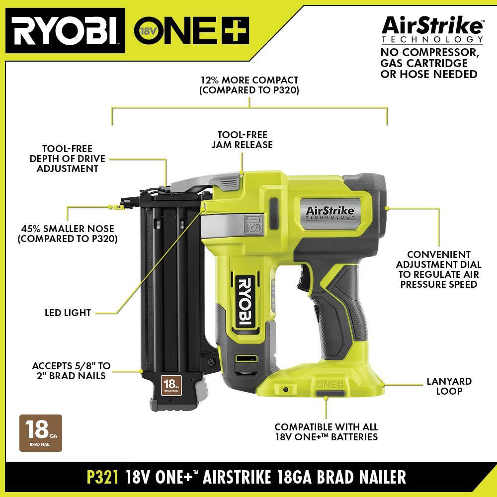 RYOBI ONE+ 18V 18-Gauge Cordless AirStrike Brad Nailer (Tool Only)