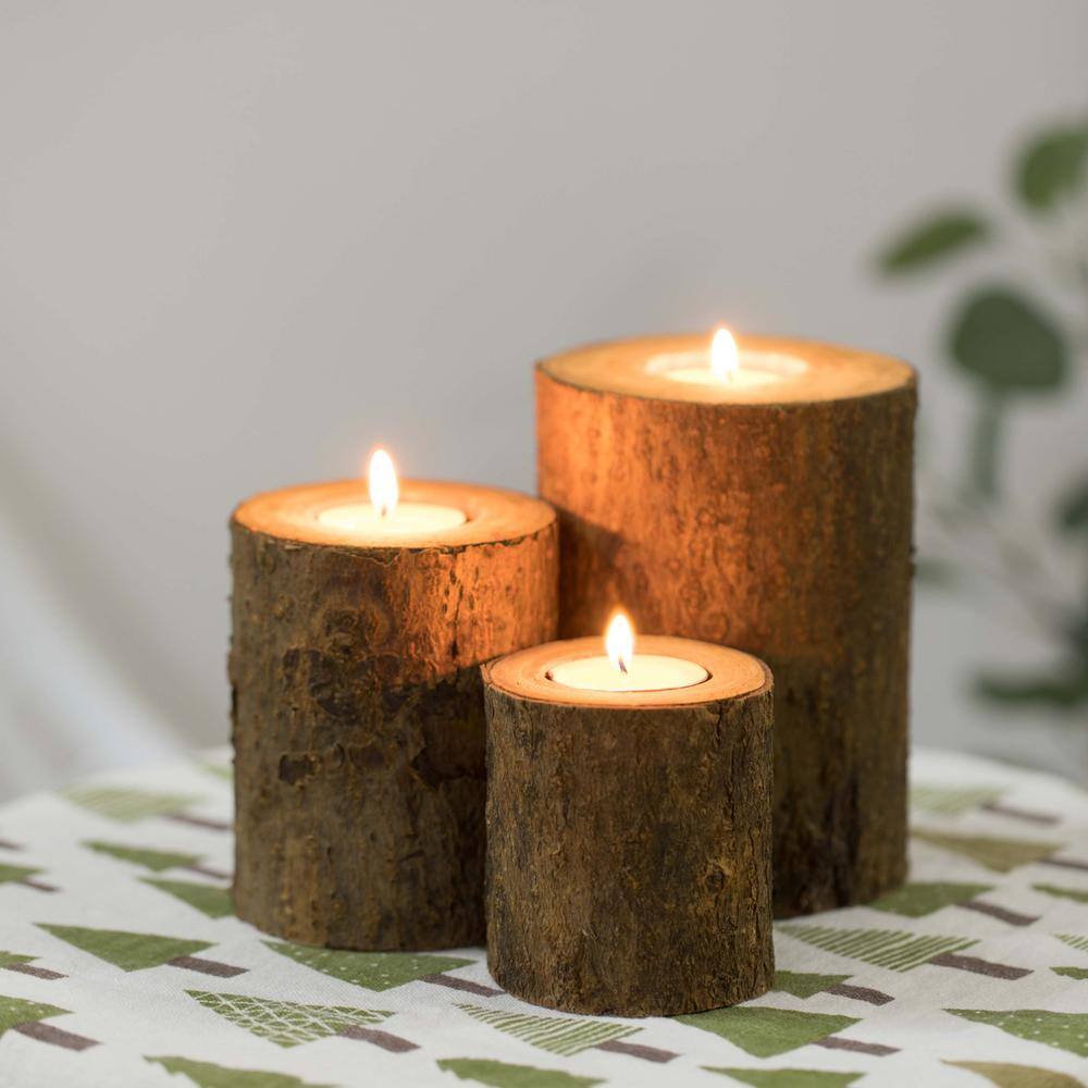 Vintiquewise 3.75 in. H Bark Wooden Pillar Tree Stump Tea Light Rustic Candle Holder (Set of 3)