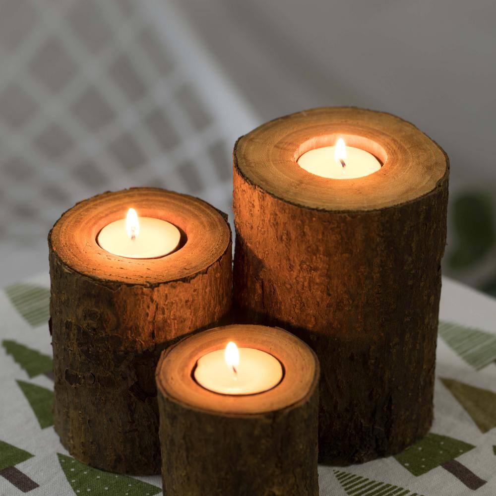 Vintiquewise 3.75 in. H Bark Wooden Pillar Tree Stump Tea Light Rustic Candle Holder (Set of 3)