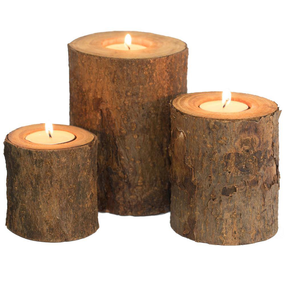 Vintiquewise 3.75 in. H Bark Wooden Pillar Tree Stump Tea Light Rustic Candle Holder (Set of 3)