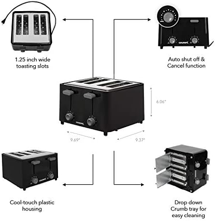 Courant 1480-Watt 4-Slice Black and Stainless Toaster with Drop Down Crumb Tray