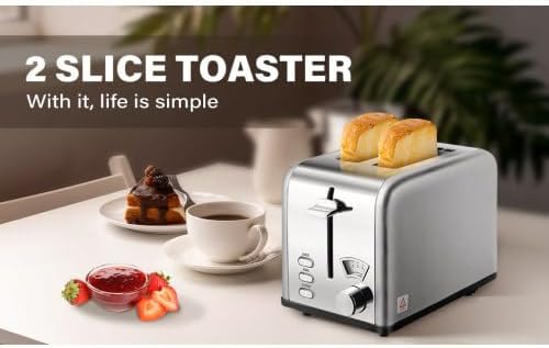 Tafole 2-Slice Stainless Steel Wide Slot Toaster with Removable Crumb Tray, 5 Browning Setting and 3 Function