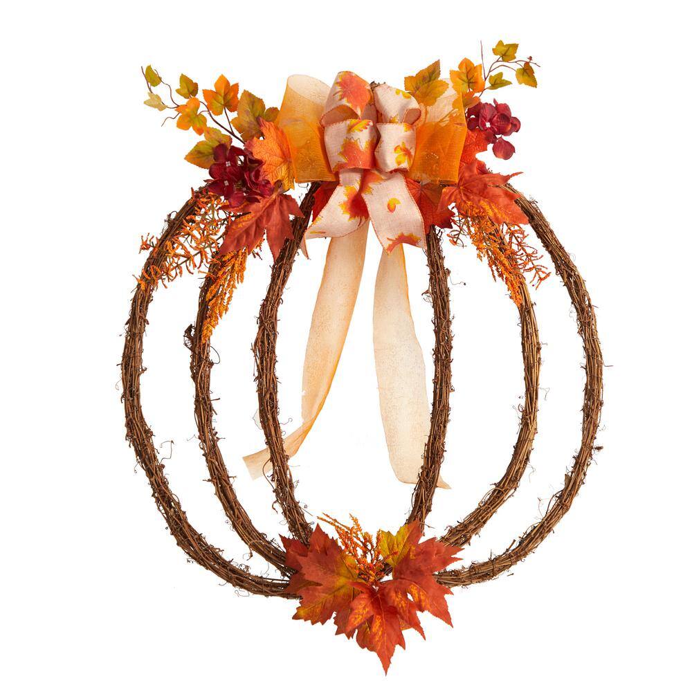 Nearly Natural 26 in. Orange Autumn Pumpkin Artificial Vine Fall Wreath