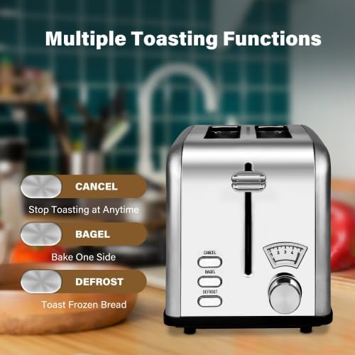 Tafole 2-Slice Stainless Steel Wide Slot Toaster with Removable Crumb Tray, 5 Browning Setting and 3 Function