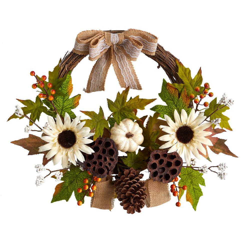 Nearly Natural 20 in. Orange Autumn Sunflower, White Pumpkin and Dried Lotus Pod Artificial Fall Wreath with Decorative Bow